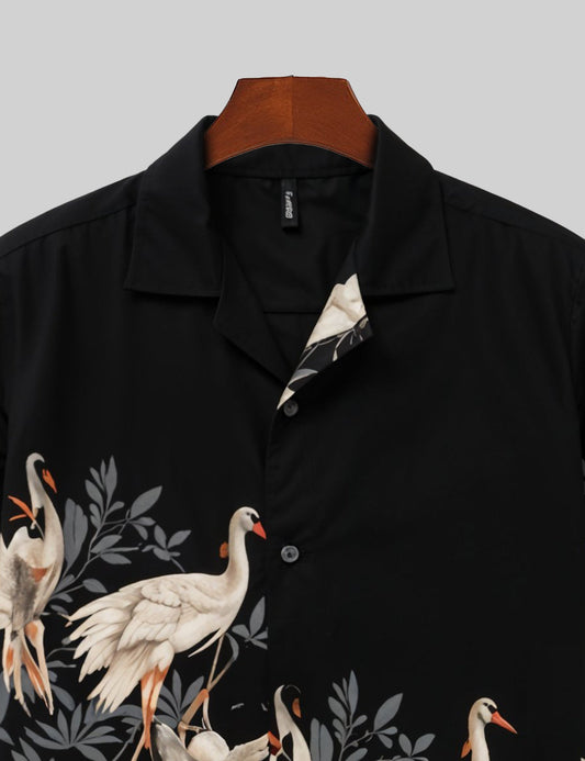 Black Flamingo Printed Classic Half Sleeve Shirt for Men Soft Cotton - XPST