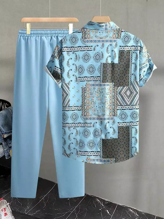 CLASSY SKYBLUE MANDALA Mens Full Set Trouser and Shirt Half Sleeves - XPCRDF