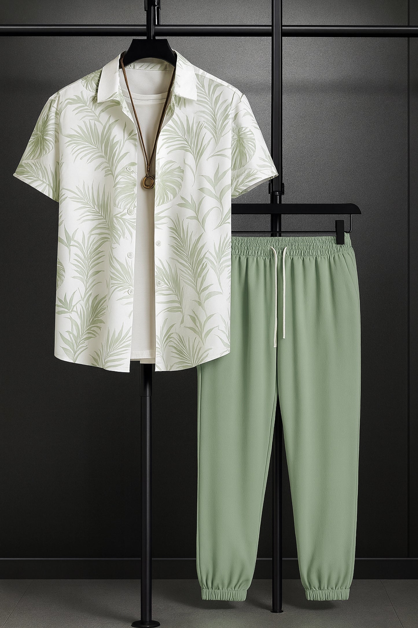 Leafy White Men's Casual Half Sleeve Shirt and Trouser Co-ord Set
