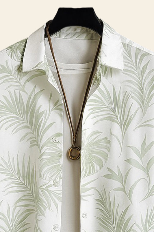 Leafy White Men's Casual Half Sleeve Shirt and Full Pant Set