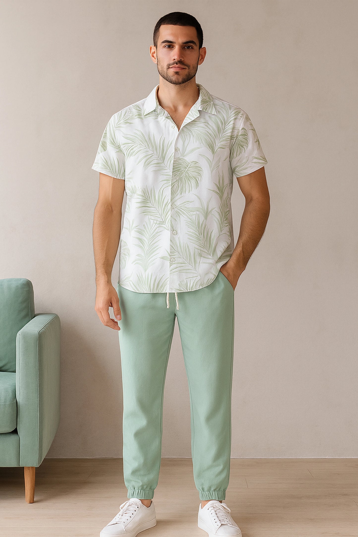 Leafy White Men's Casual Half Sleeve Shirt and Trouser Co-ord Set