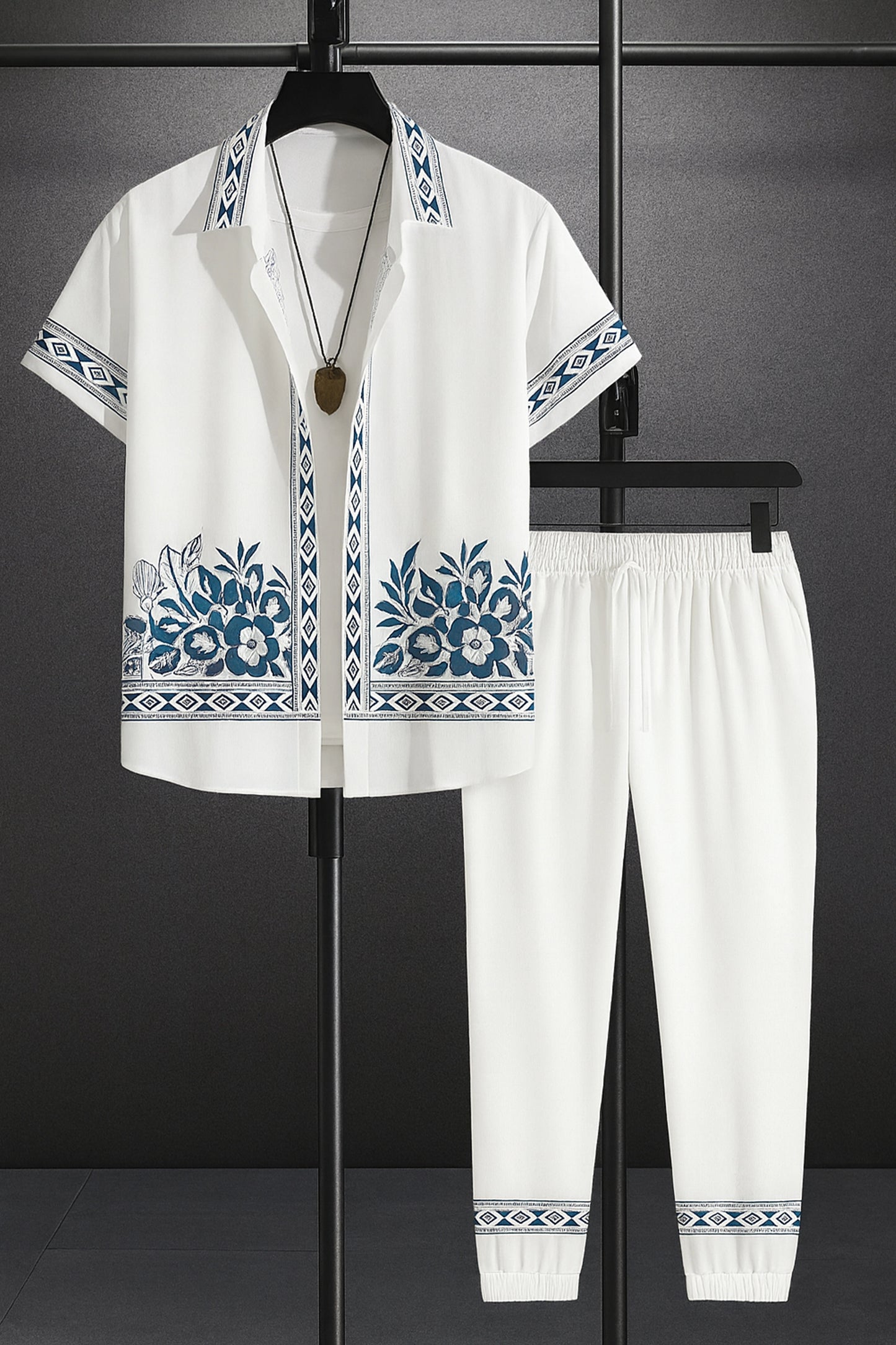 White Border Men's Casual Half Sleeve Shirt and Trouser Co-ord Set