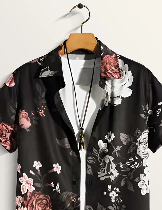 Black Rose Printed Classic Cotton Comfort Shirt for Men - XPST