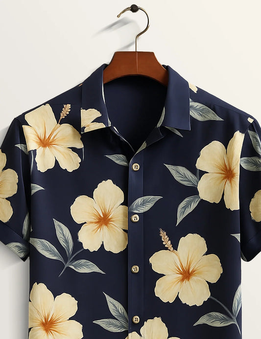 Navy Blue Hibiscus Printed Refined Cotton Daily Shirt for Men - XPST