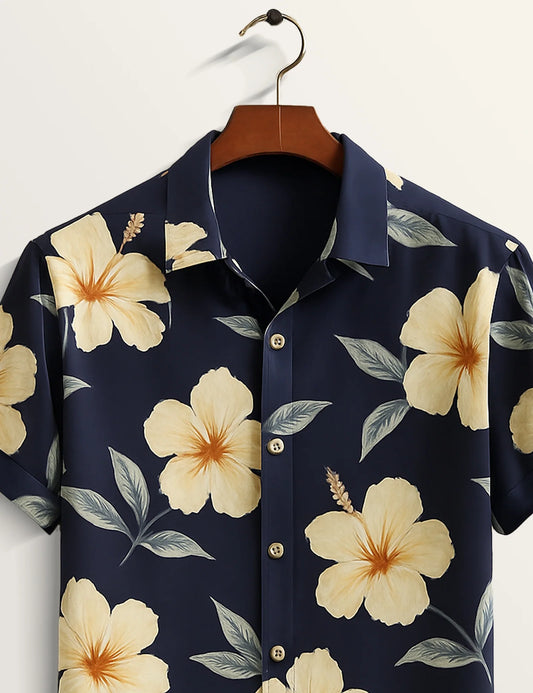 Navy Blue Hibiscus Printed Refined Cotton Daily Shirt for Men