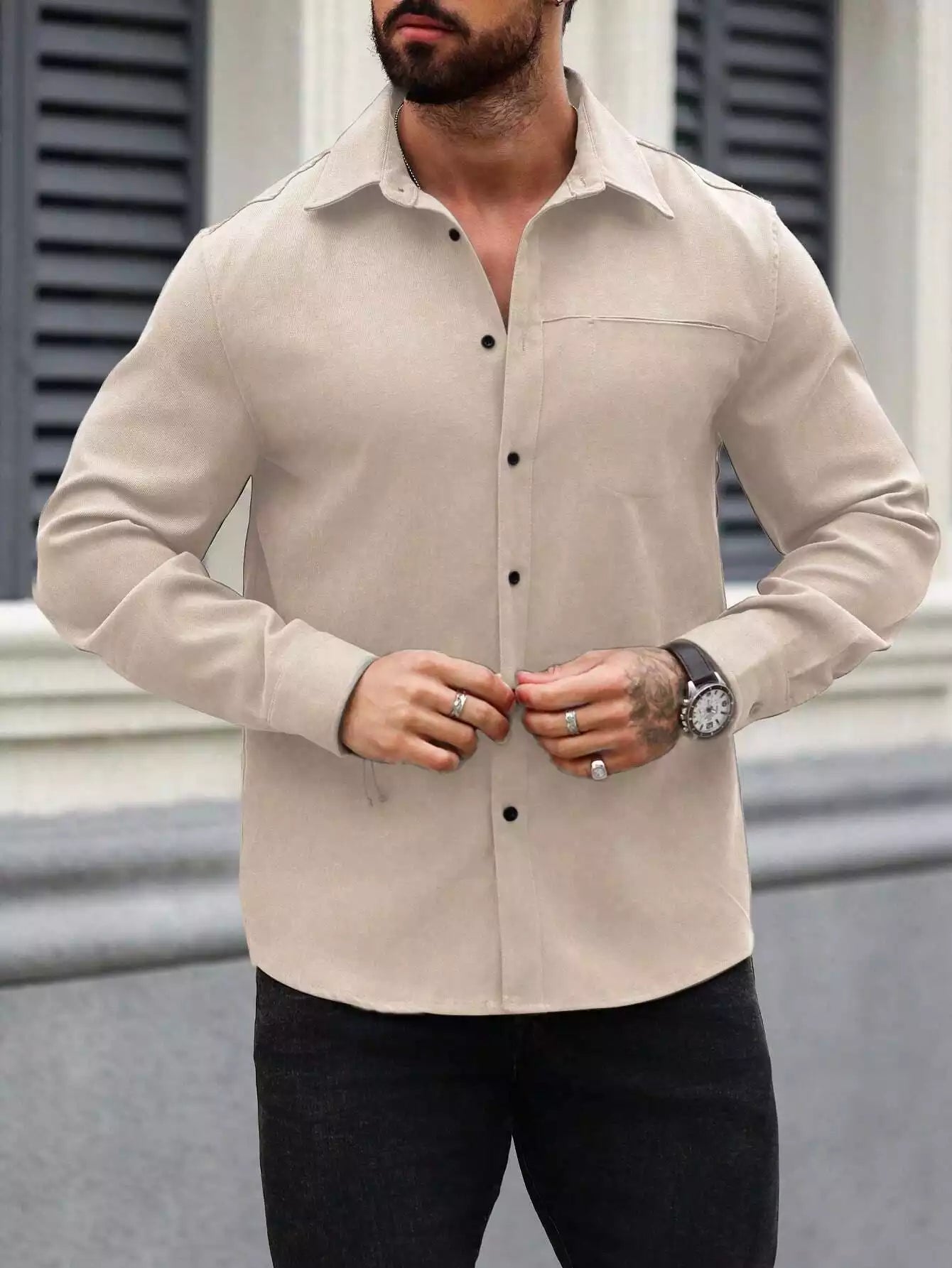 Men Spring And Summer Solid Color Loose Casual Long-Sleeved Shirt Apricot Color - XPST