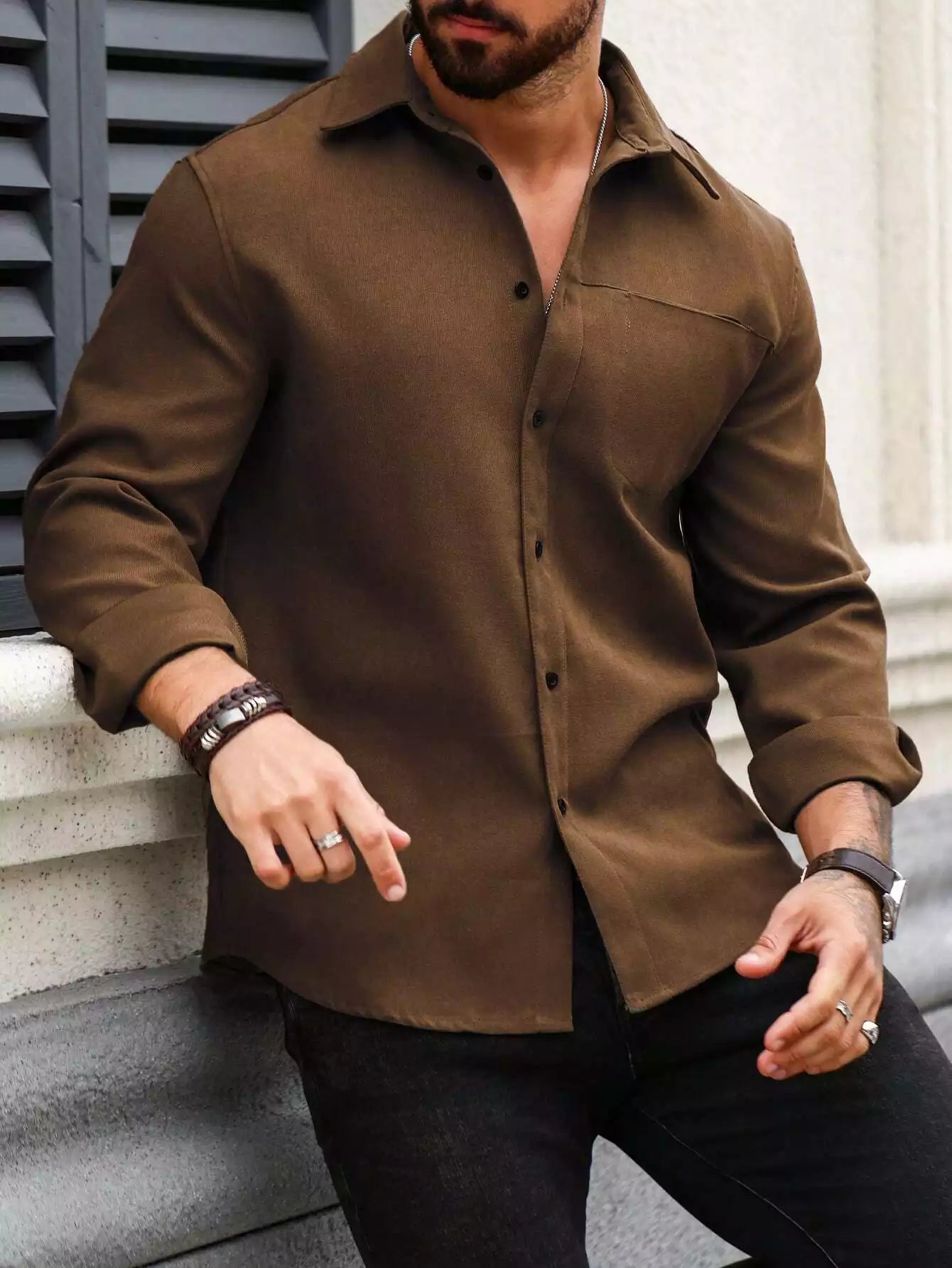 Men Spring And Summer Solid Color Loose Casual Long-Sleeved Shirt Brown Color - XPST