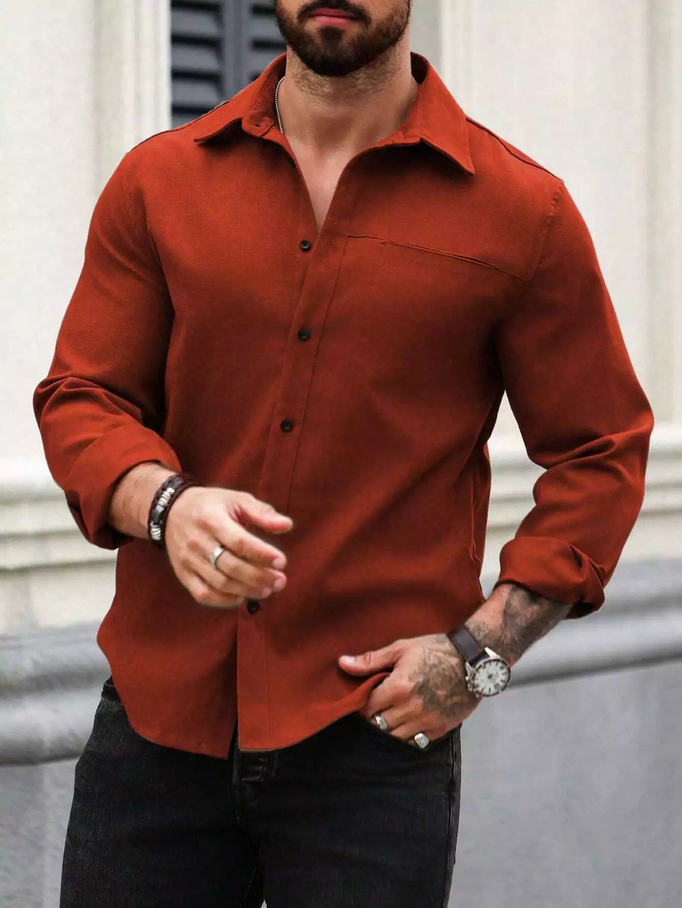 Men Spring And Summer Solid Color Loose Casual Long-Sleeved Shirt Orange Color - XPST