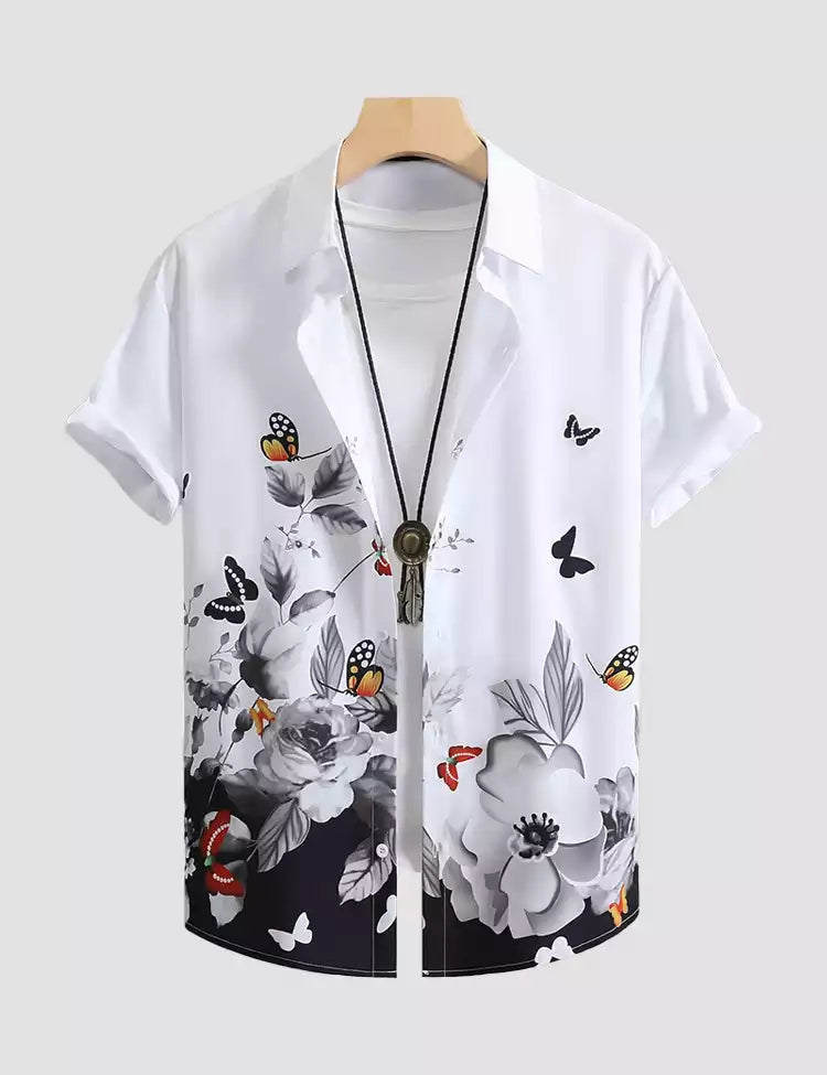 WHITE BUTTERFLY Design Mens Half Sleeves Cotton Shirts