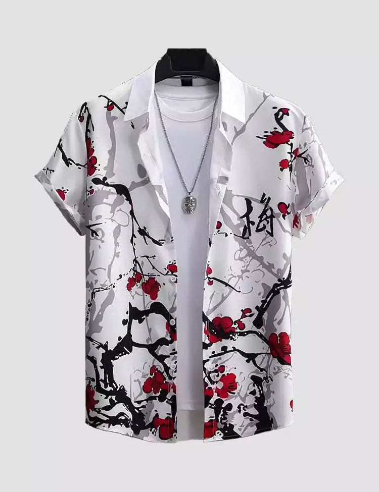 WHITE RED Design Mens Half Sleeves Cotton Shirts