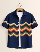 Navy ZigZag Printed Boys Half Sleeves Shirts - XPST