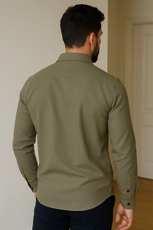 Men Spring And Summer Solid Color Loose Casual Long-Sleeved Shirt Army Green Color