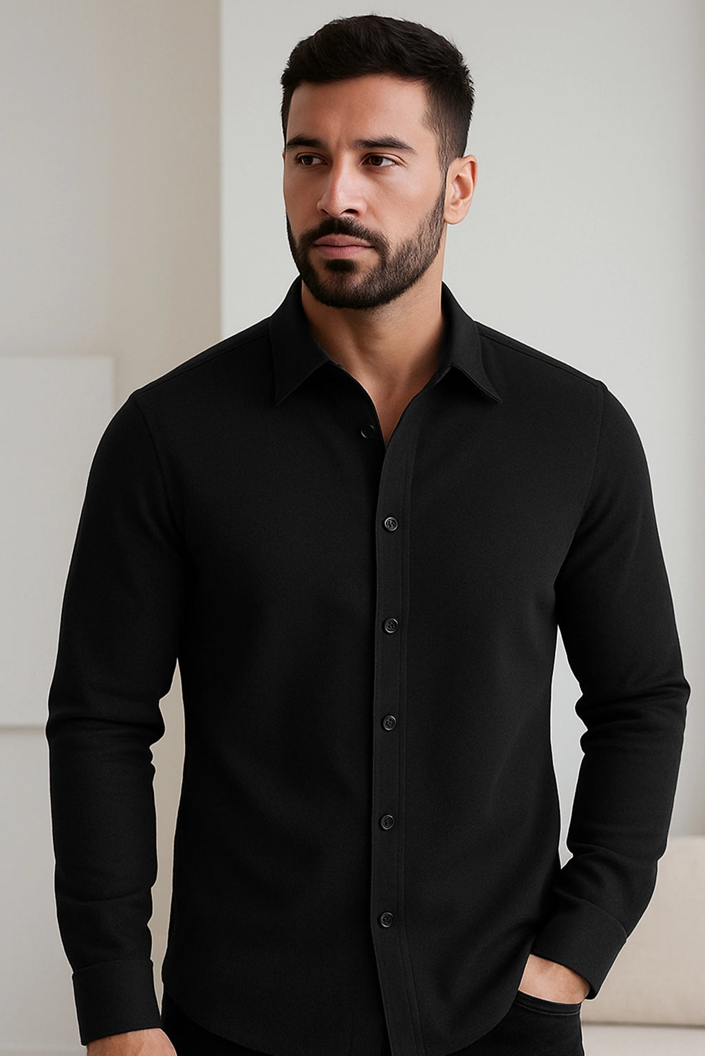 Men Spring And Summer Solid Color Loose Casual Long-Sleeved Shirt Black Color