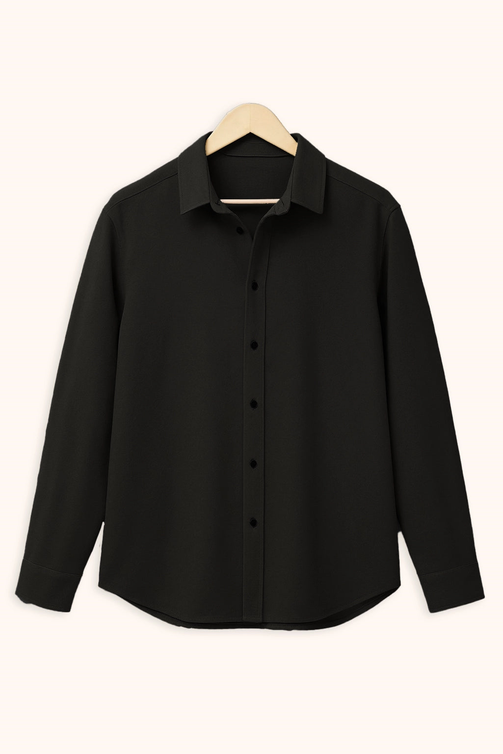 Men Spring And Summer Solid Color Loose Casual Long-Sleeved Shirt Black Color