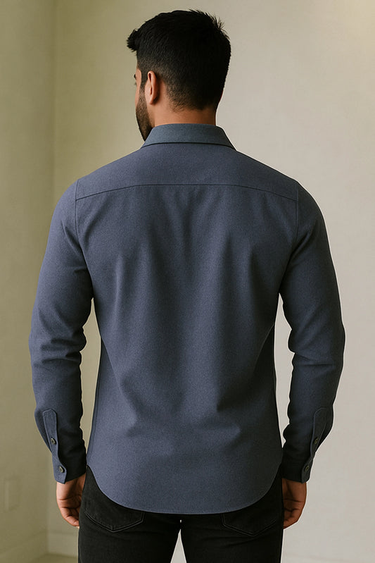 Men Spring And Summer Solid Color Loose Casual Long-Sleeved Shirt Blue Color