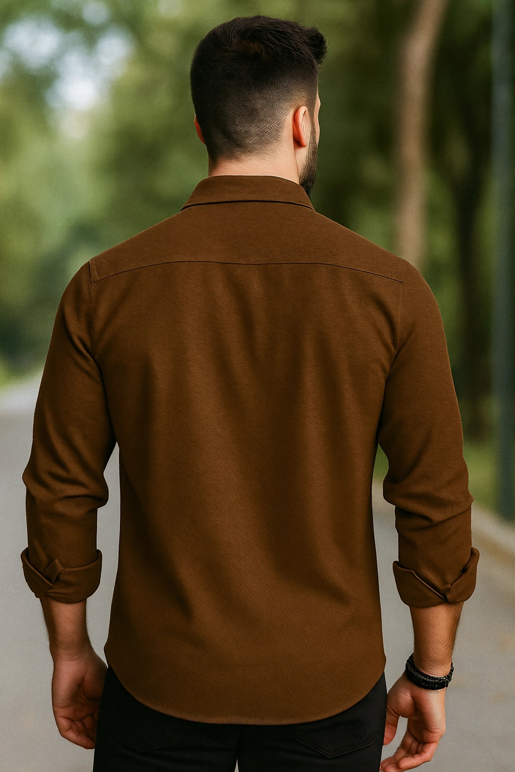 Men Spring And Summer Solid Color Loose Casual Long-Sleeved Shirt Brown Color