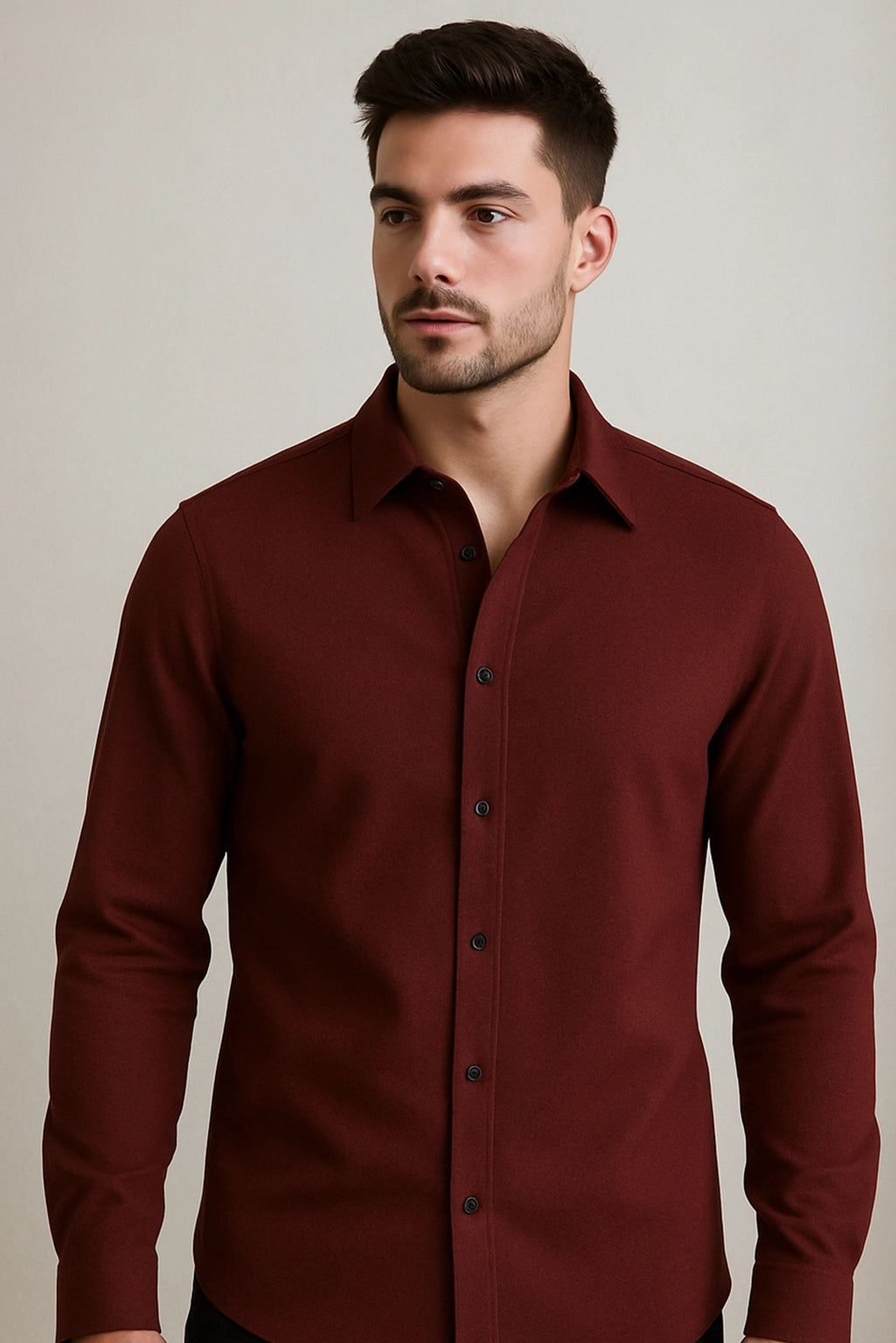 Men Spring And Summer Solid Color Loose Casual Long-Sleeved Shirt Burgundy Color