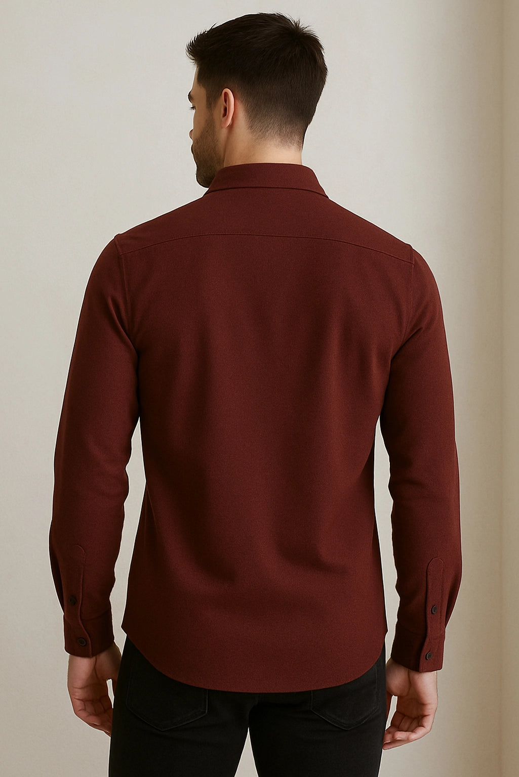 Men Spring And Summer Solid Color Loose Casual Long-Sleeved Shirt Burgundy Color