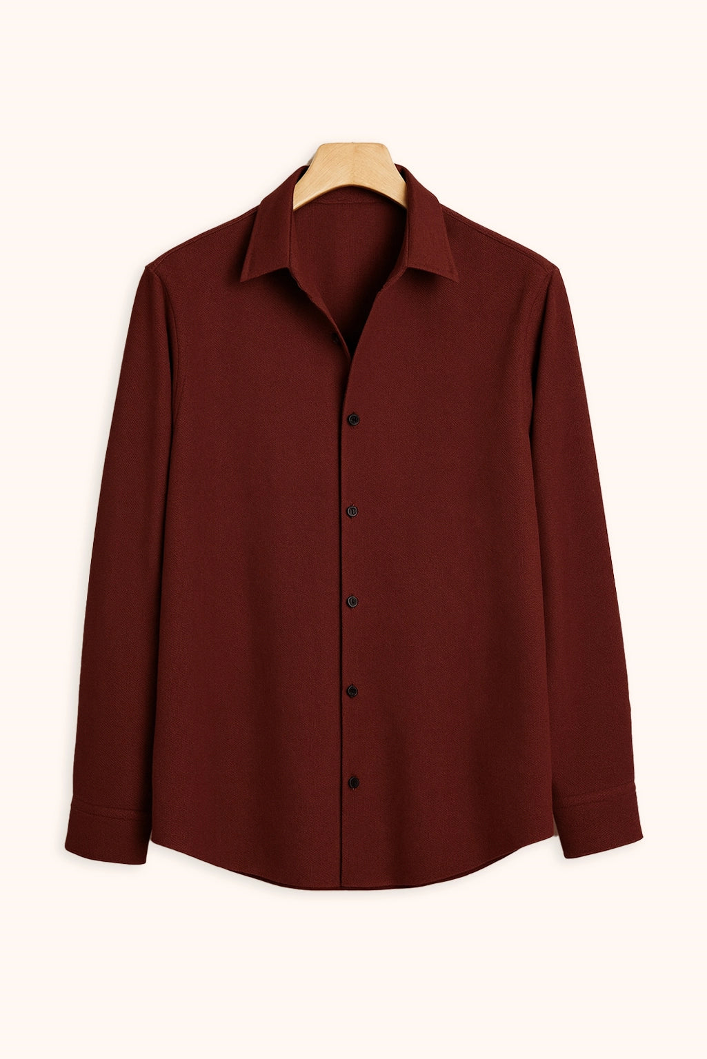 Men Spring And Summer Solid Color Loose Casual Long-Sleeved Shirt Burgundy Color