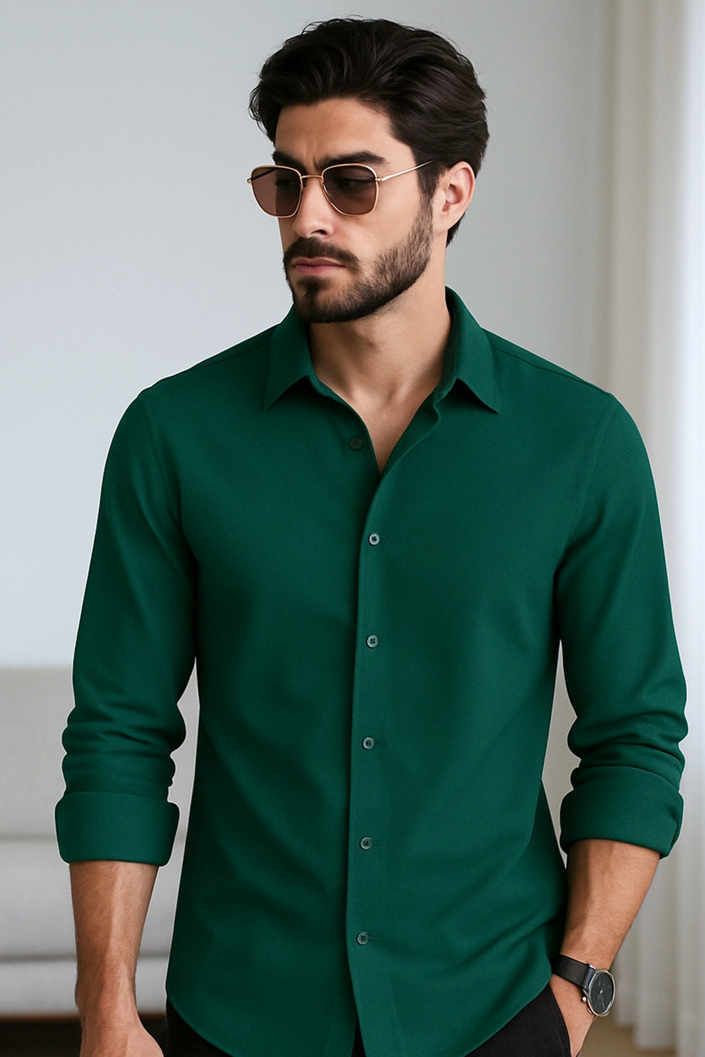 Men Spring And Summer Solid Color Loose Casual Long-Sleeved Shirt Dark Green Color