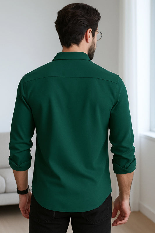Men Spring And Summer Solid Color Loose Casual Long-Sleeved Shirt Dark Green Color