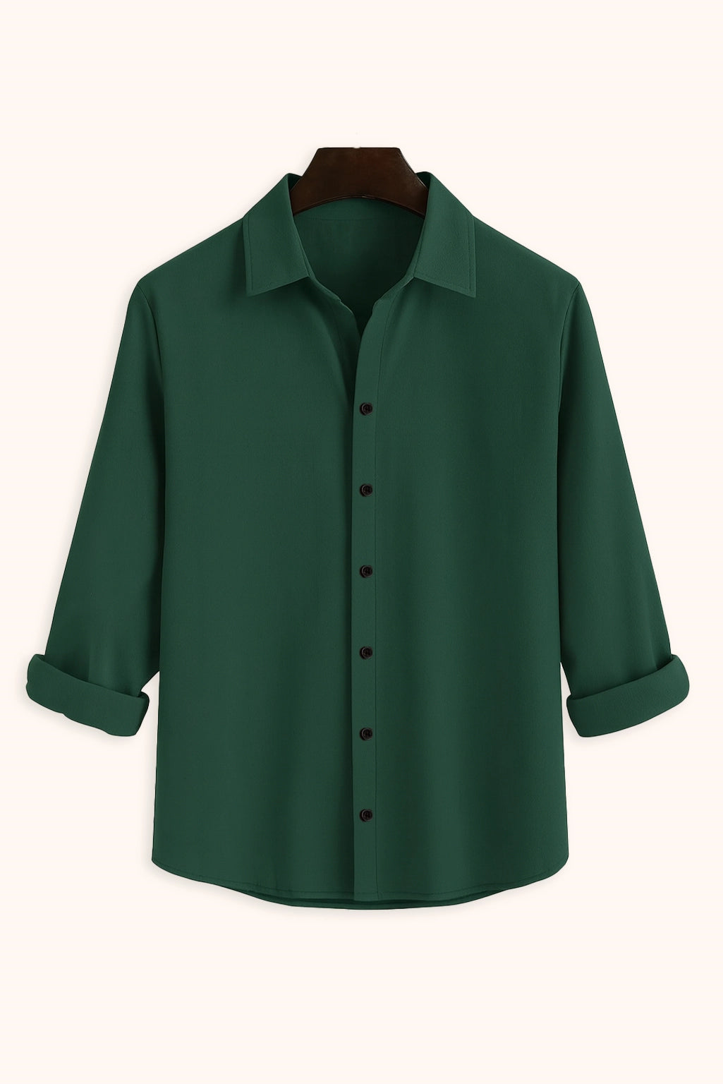 Men Spring And Summer Solid Color Loose Casual Long-Sleeved Shirt Dark Green Color