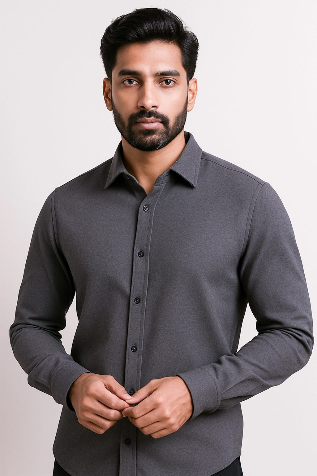 Men Spring And Summer Solid Color Loose Casual Long-Sleeved Shirt Dark Grey Color