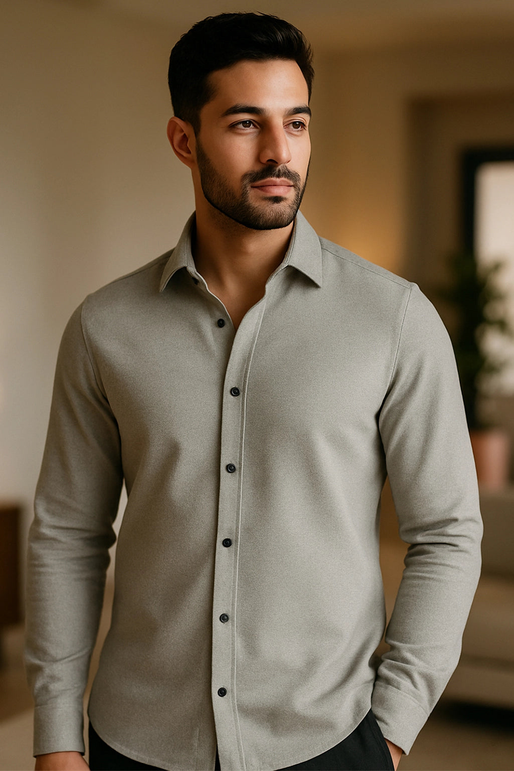 Men Spring And Summer Solid Color Loose Casual Long-Sleeved Shirt Grey Color