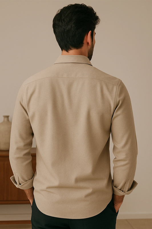 Men Spring And Summer Solid Color Loose Casual Long-Sleeved Shirt Khaki Color