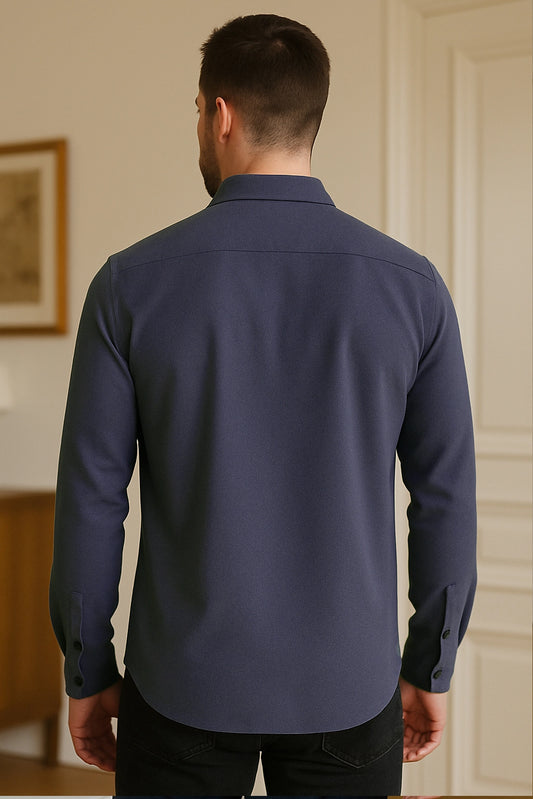 Men Spring And Summer Solid Color Loose Casual Long-Sleeved Shirt Navy Blue Color