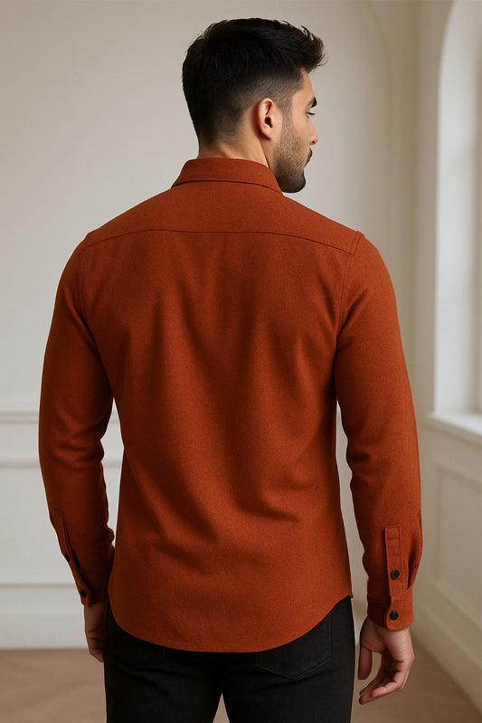 Men Spring And Summer Solid Color Loose Casual Long-Sleeved Shirt Orange Color