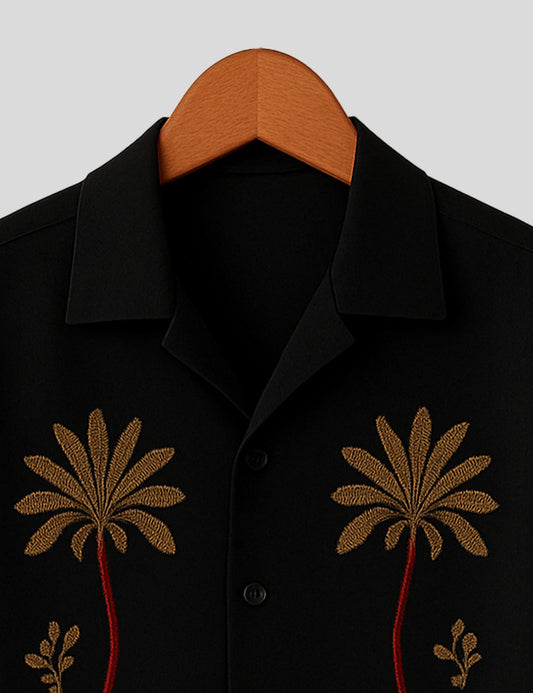 Black Coconut Tree Printed Mens Premium Cotton Half Sleeve Shirt - XPST