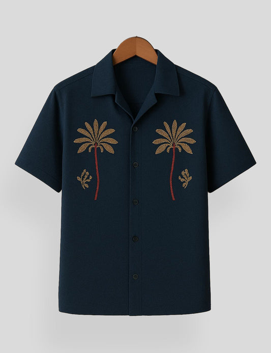 Blue Coconut Tree Printed Mens Premium Cotton Half Sleeve Shirt - XPST