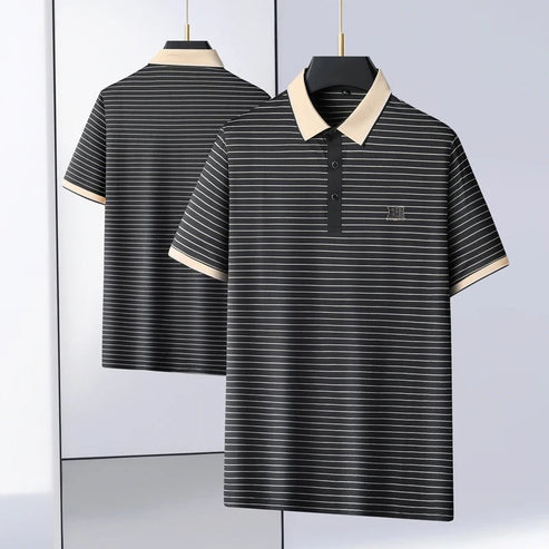 Black Color Linning Classic Polo Shirt with Stylish Patterned Collar