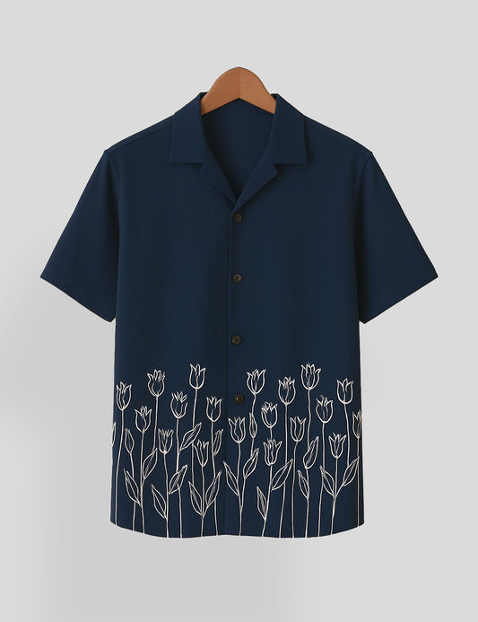 Navy Blue Rose Printed Mens Everyday Cotton Shirt Half Sleeves in Fresh Colors - XPST