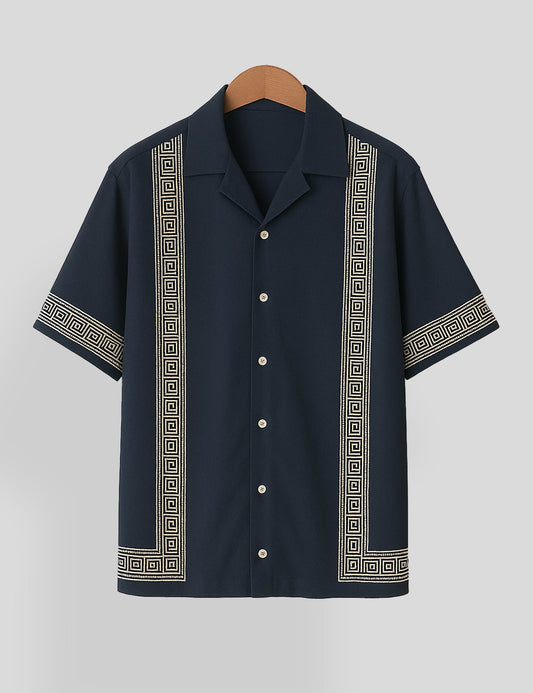 Navy Blue Square Pattern SmartFit Mens Cotton Shirt Half Sleeves - XPST