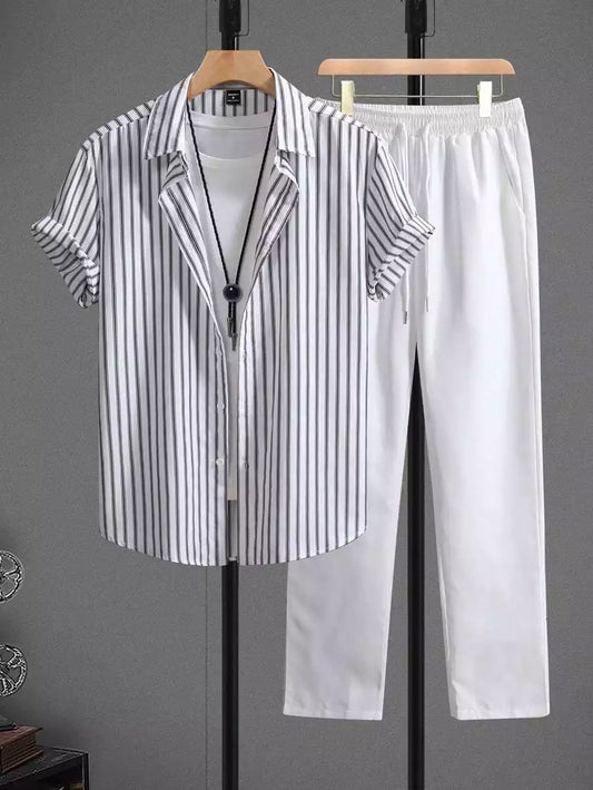 Brown Lining on White Mens Full Set Trouser and Shirt Half Sleeves - XPCRDF