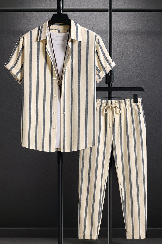 Cream Line Men's Casual Half Sleeve Shirt and Trouser Co-ord Set