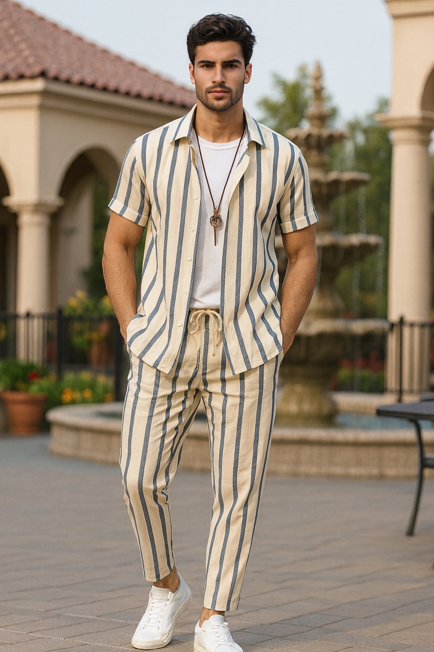 Cream Line Men's Casual Half Sleeve Shirt and Trouser Co-ord Set