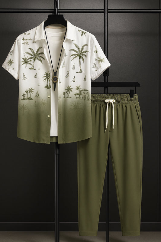 Green Shady Men's Casual Half Sleeve Shirt and Full Pant Set