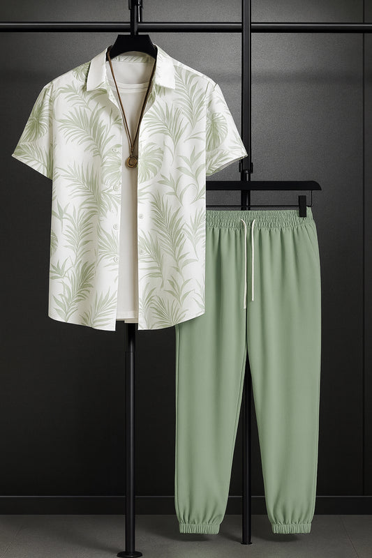 Leafy White Men's Casual Half Sleeve Shirt and Trouser Co-ord Set