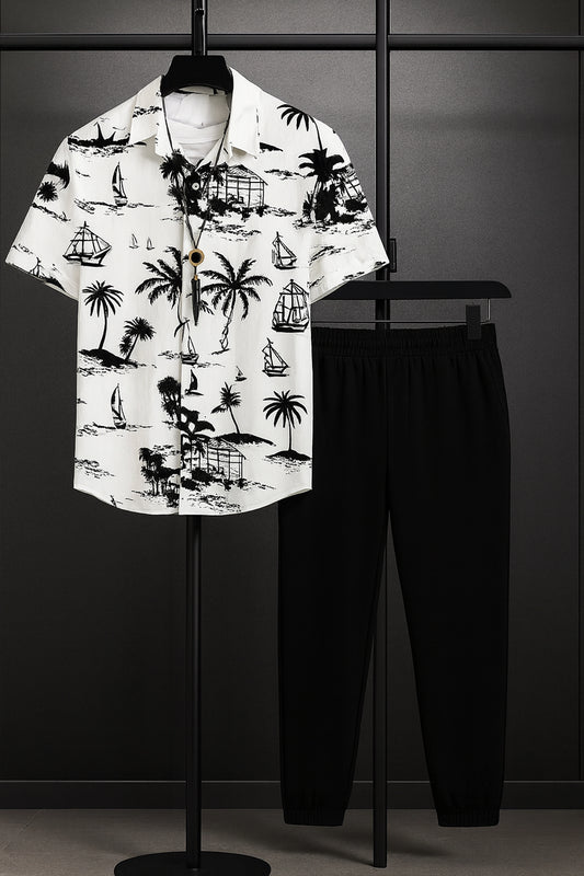 White Beach Men's Casual Half Sleeve Shirt and Full Pant Set
