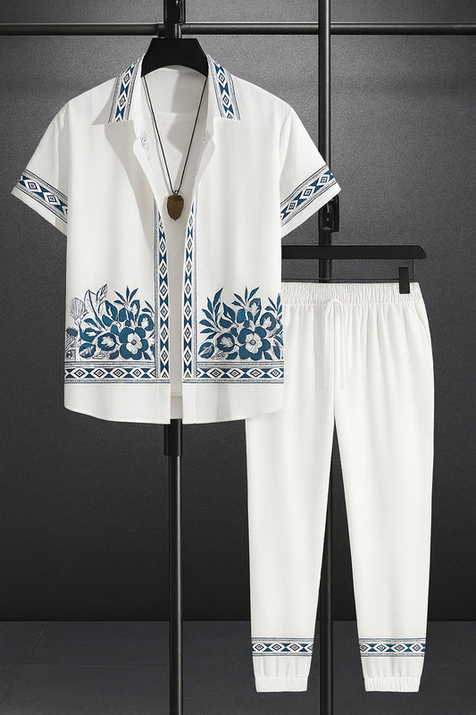 White Border Men's Casual Half Sleeve Shirt and Full Pant Set