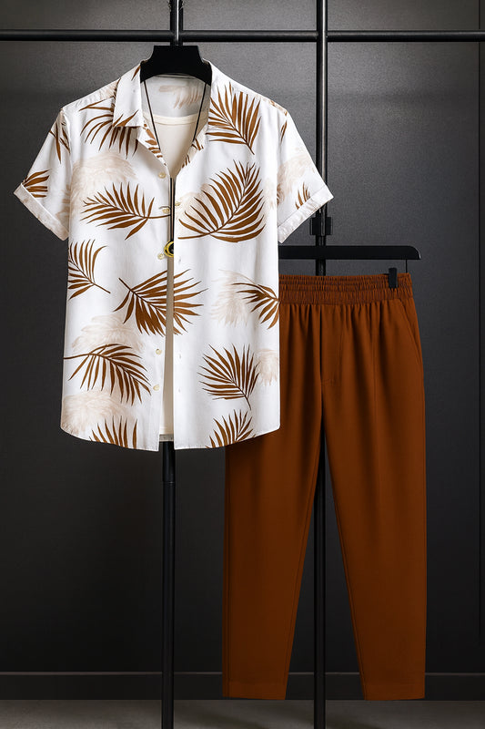 White Floral Men's Casual Half Sleeve Shirt and Trouser Co-ord Set