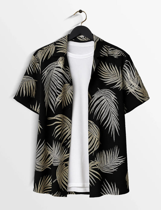 Black Leaves Printed Modern Fit Everyday Cotton Shirt for Men