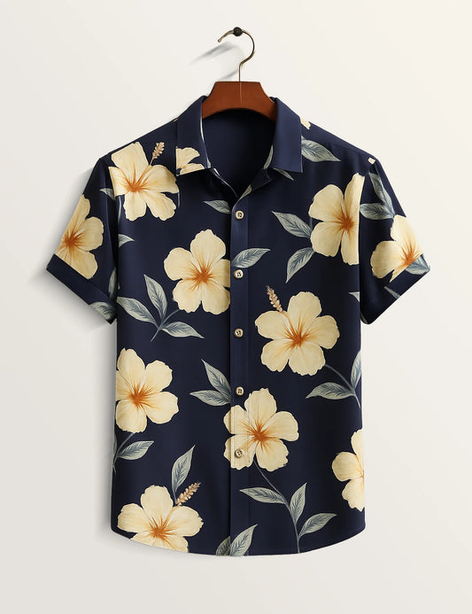 Navy Blue Hibiscus Printed Refined Cotton Daily Shirt for Men