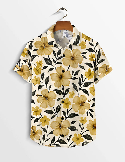 Yellow Floral Soft Touch Cotton Shirt for Men