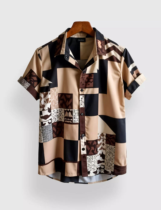Cream Black Square Designer Men's Half Sleeves Printed Shirt Exclusive