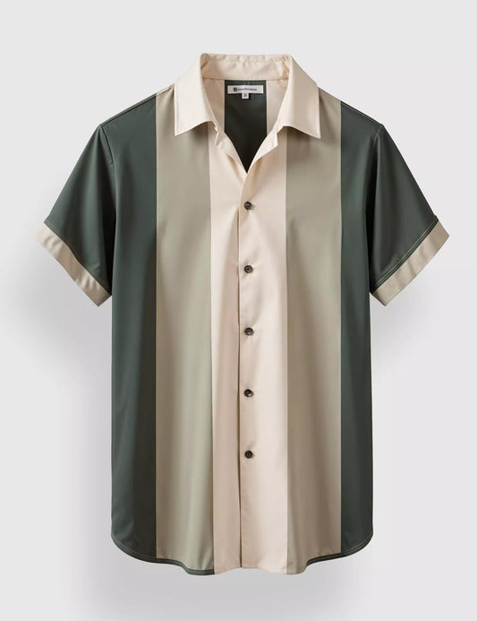 Cream and Green Stripped Designer Men's Half Sleeves Printed Shirt Exclusive