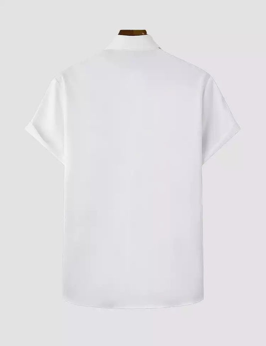 Blue patchwork on White Design Mens Half Sleeve Cotton Shirt